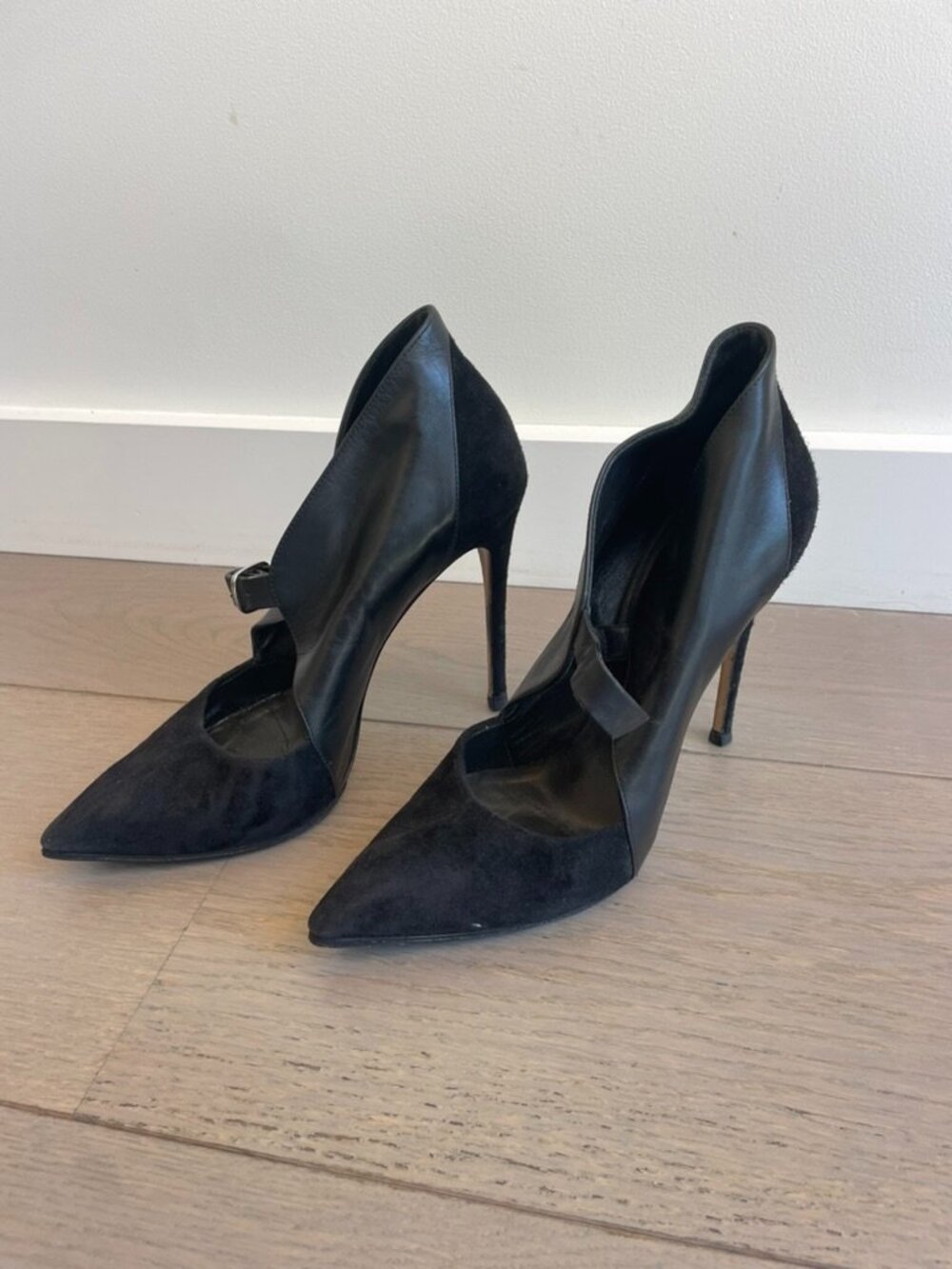 Casadei Black Suede D’Orsay Pumps Pointed Toe Buckle Strap Heels Size 7